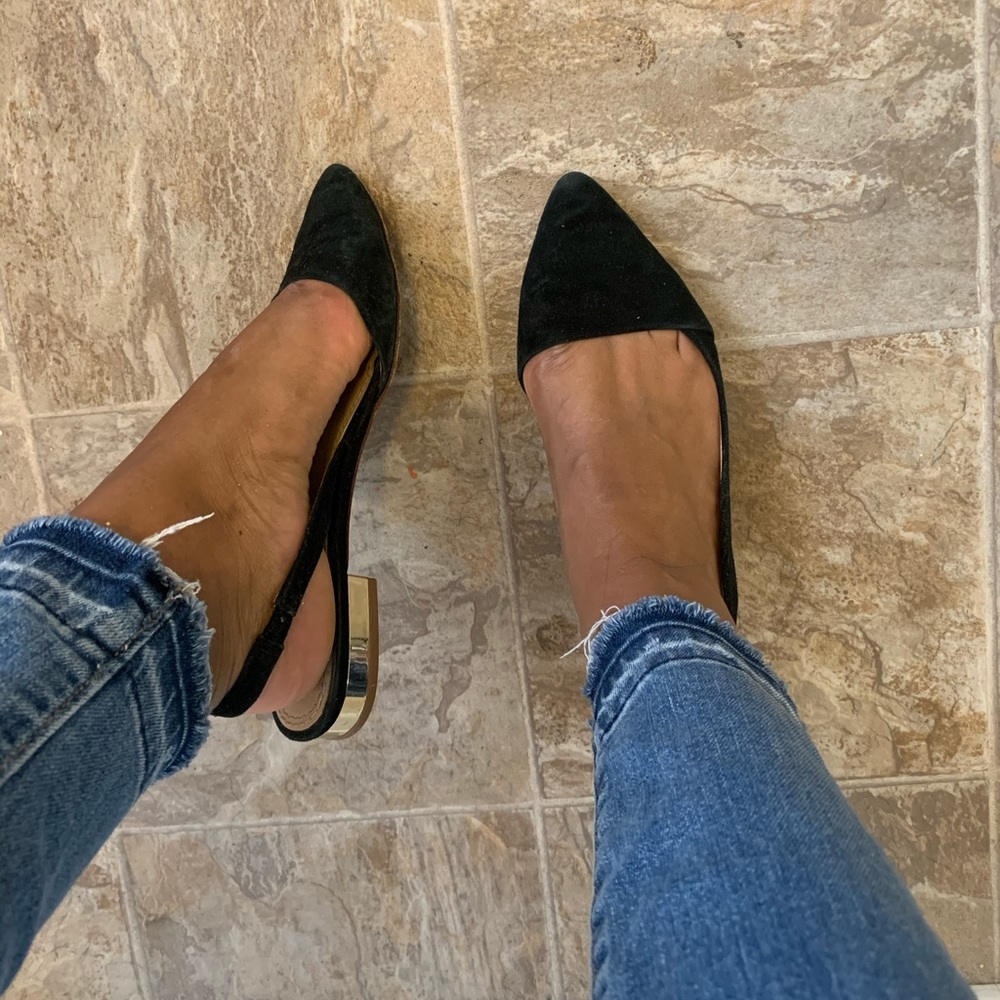 Tory Burch black sling back flats gold heel
